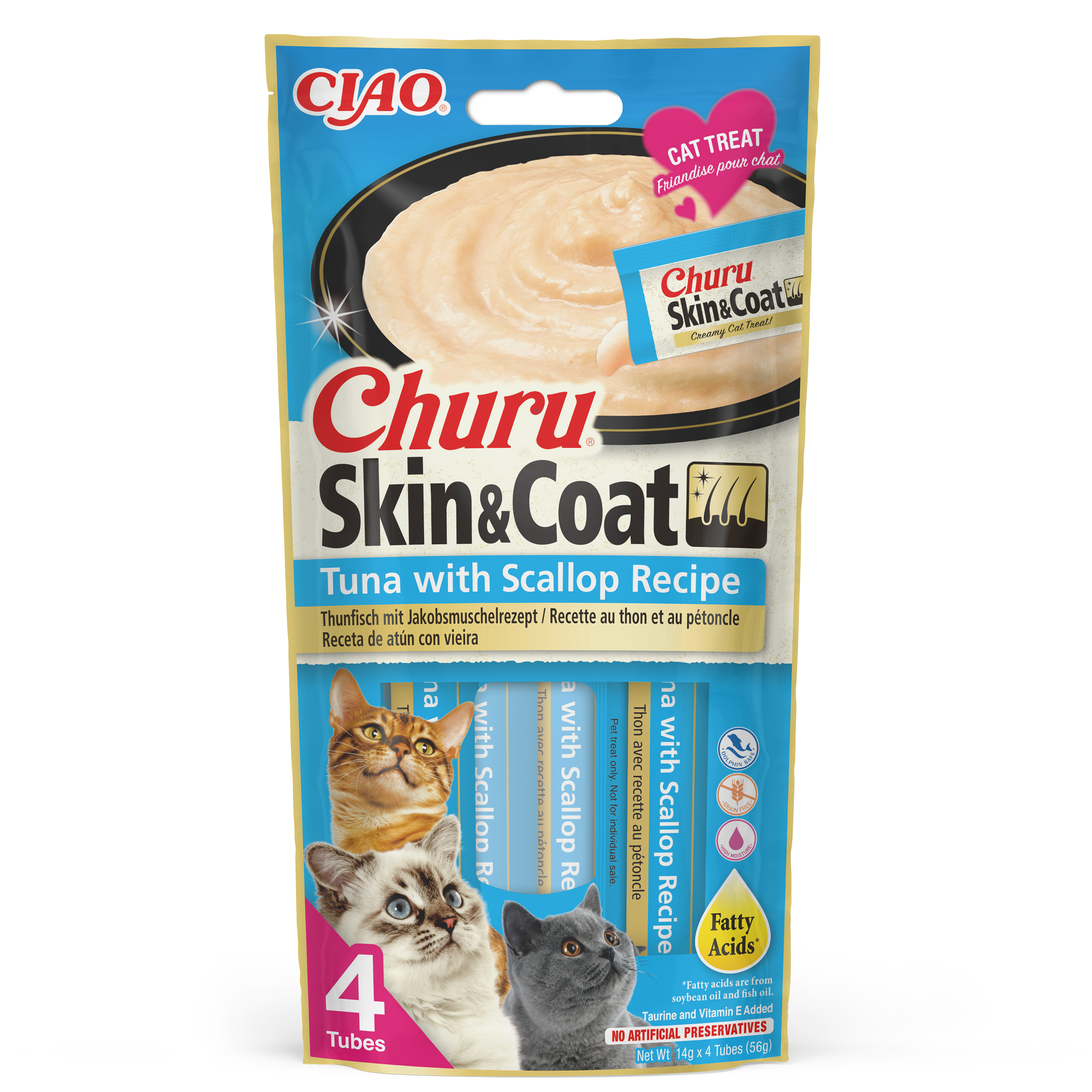 Inaba Cat Ciao Churu Skin & Coat krémes macskaeledel - tonhal, fésűkagyló